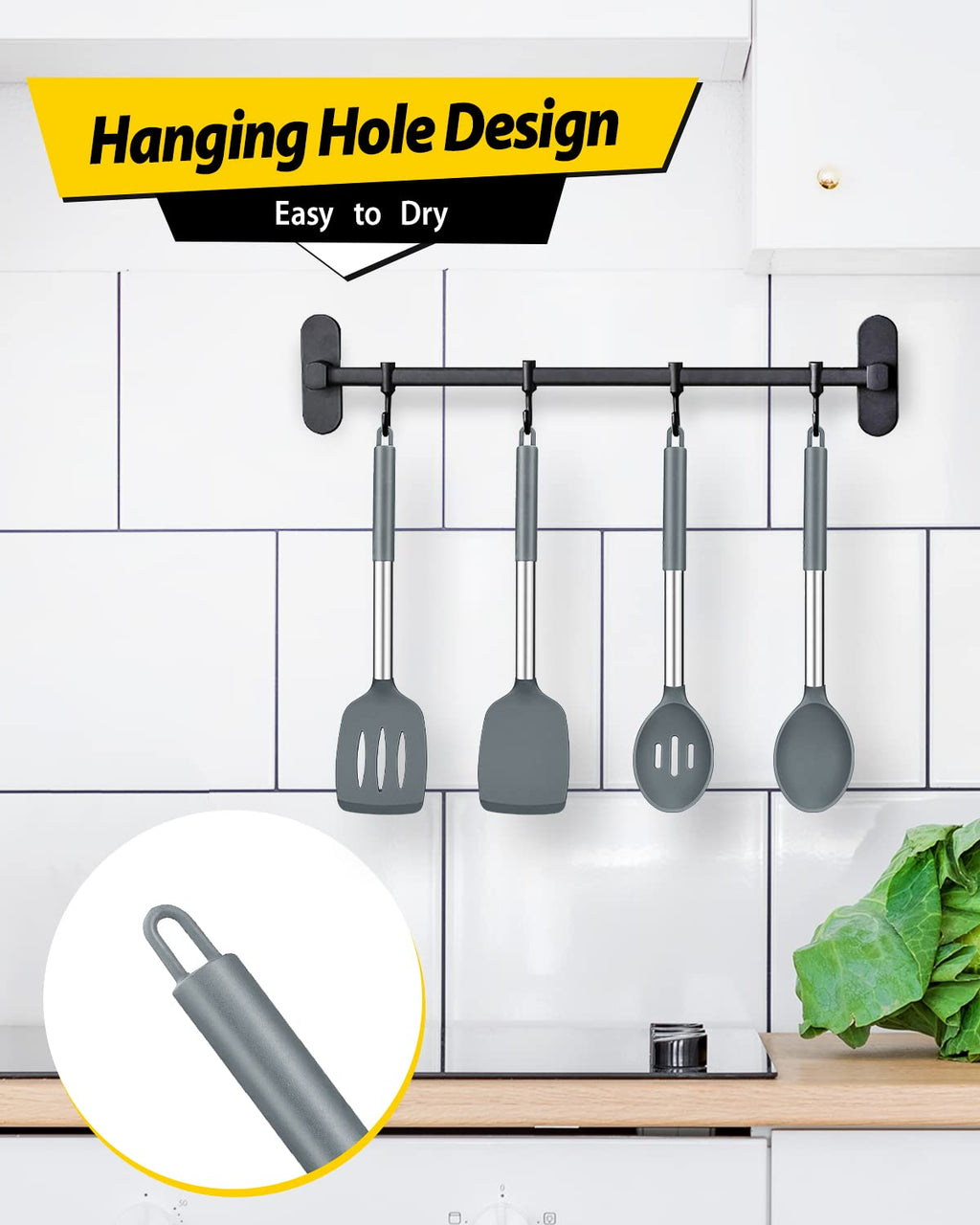 Pack of 4 Silicone Cooking Utensils Set, Non Stick Large Solid Spatulas, Heat Resistant Black Slotted Spoons, Ideal BPA Free Kitchen Turners for Frying, Mixing,Serving,Draining,Turning,Stirring