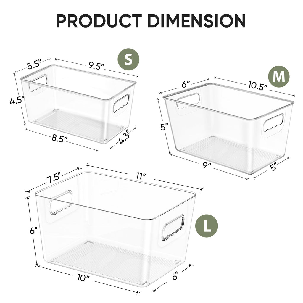 BALEINE Clear Plastic Storage Bins, Pantry Organization, BPA Free Stackable Refrigerator Organizers and Storage with Handles for Kitchen Fridge Cabinet Bathroom (6PK, 9.5x5.5x4.5)
