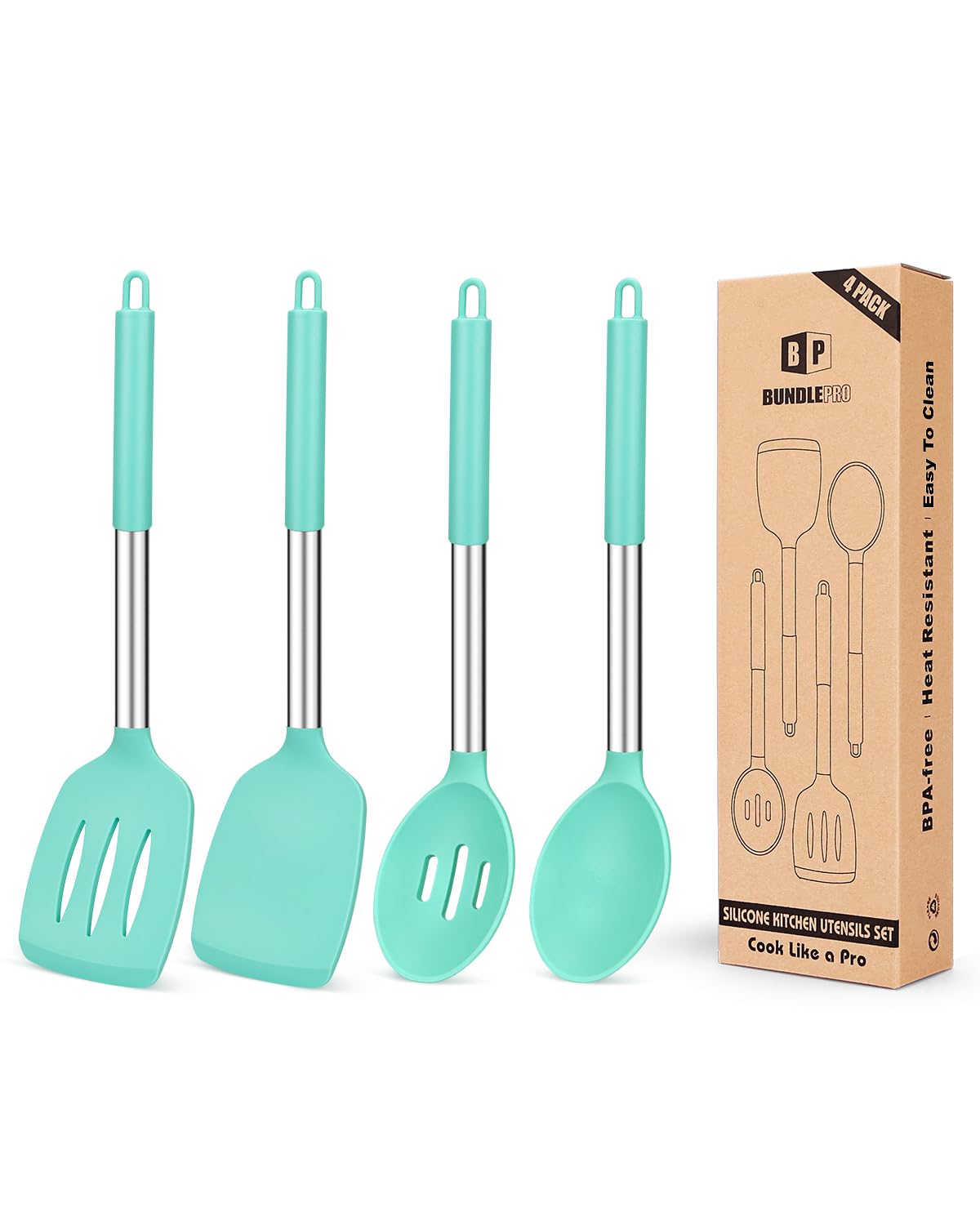 Pack of 4 Silicone Cooking Utensils Set, Non Stick Large Solid Spatulas, Heat Resistant Black Slotted Spoons, Ideal BPA Free Kitchen Turners for Frying, Mixing,Serving,Draining,Turning,Stirring