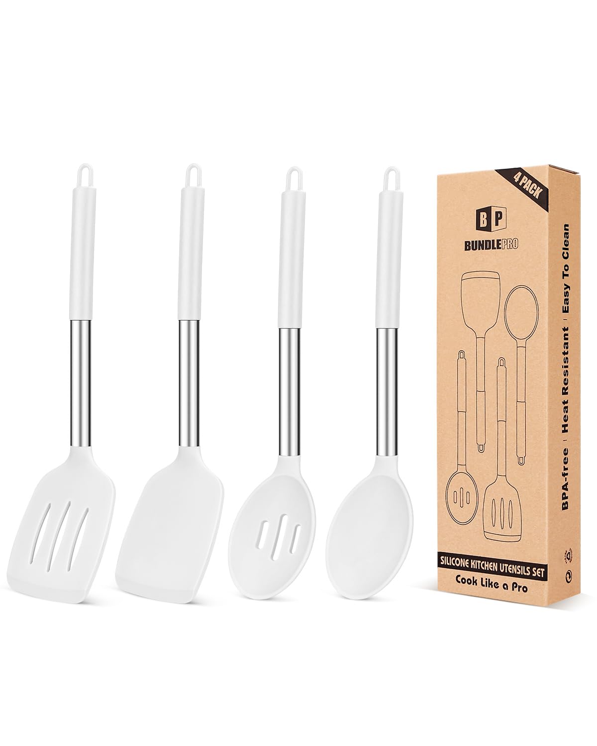 Pack of 4 Silicone Cooking Utensils Set, Non Stick Large Solid Spatulas, Heat Resistant Black Slotted Spoons, Ideal BPA Free Kitchen Turners for Frying, Mixing,Serving,Draining,Turning,Stirring
