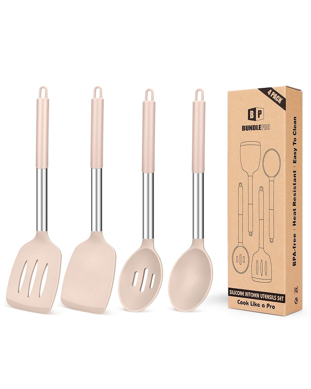 Pack of 4 Silicone Cooking Utensils Set, Non Stick Large Solid Spatulas, Heat Resistant Black Slotted Spoons, Ideal BPA Free Kitchen Turners for Frying, Mixing,Serving,Draining,Turning,Stirring