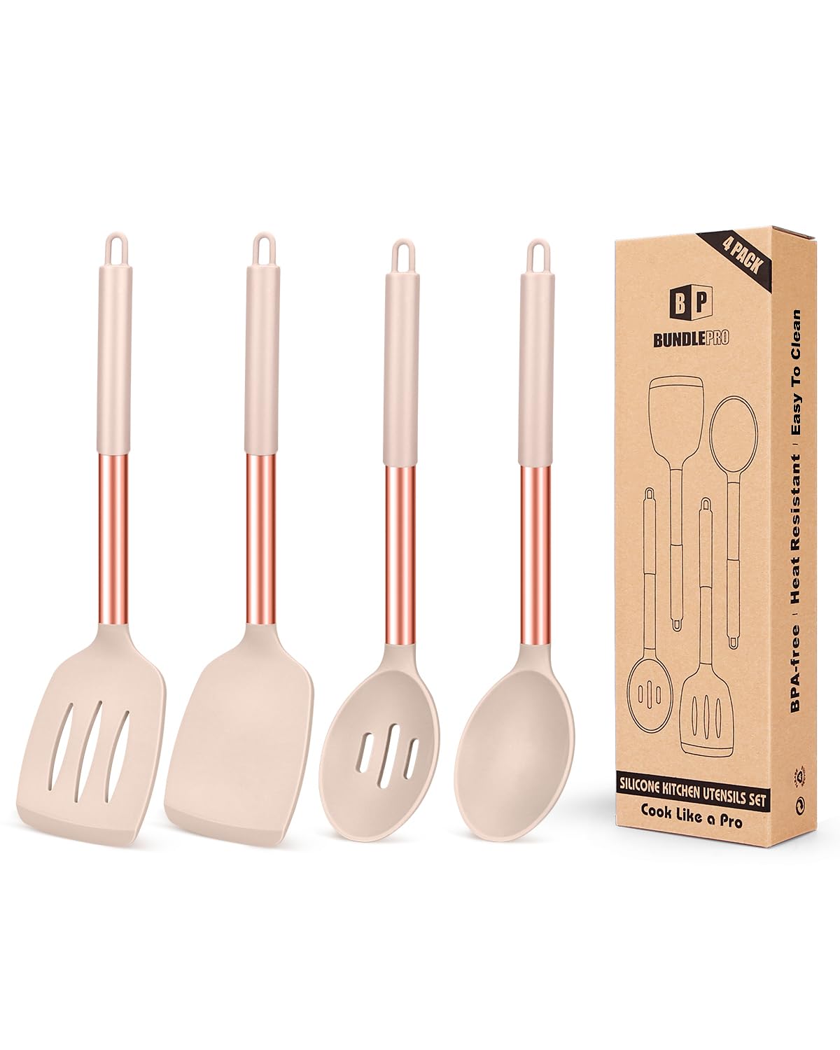 Pack of 4 Silicone Cooking Utensils Set, Non Stick Large Solid Spatulas, Heat Resistant Black Slotted Spoons, Ideal BPA Free Kitchen Turners for Frying, Mixing,Serving,Draining,Turning,Stirring