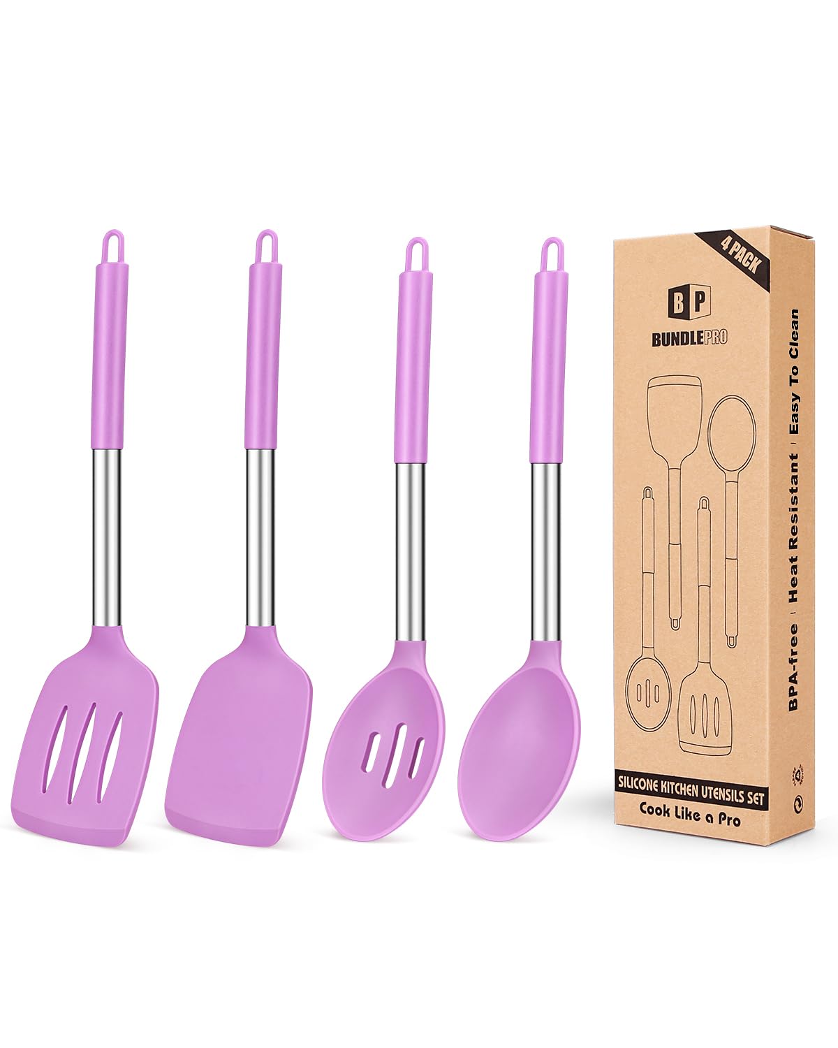 Pack of 4 Silicone Cooking Utensils Set, Non Stick Large Solid Spatulas, Heat Resistant Black Slotted Spoons, Ideal BPA Free Kitchen Turners for Frying, Mixing,Serving,Draining,Turning,Stirring