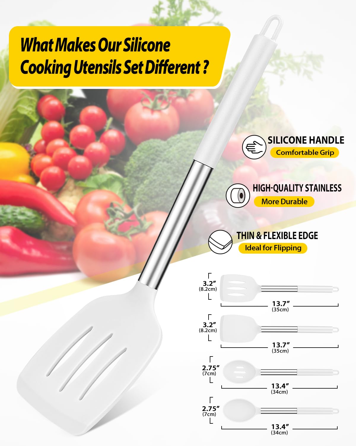 Pack of 4 Silicone Cooking Utensils Set, Non Stick Large Solid Spatulas, Heat Resistant Black Slotted Spoons, Ideal BPA Free Kitchen Turners for Frying, Mixing,Serving,Draining,Turning,Stirring