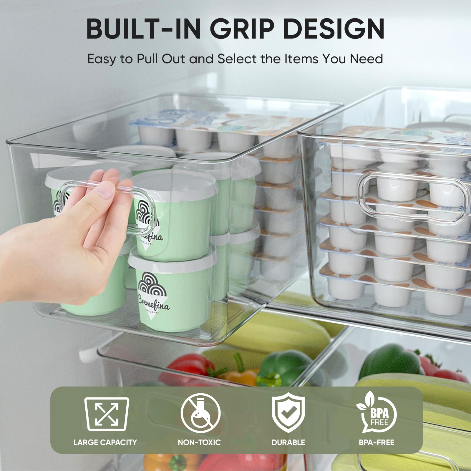 BALEINE Clear Plastic Storage Bins, Pantry Organization, BPA Free Stackable Refrigerator Organizers and Storage with Handles for Kitchen Fridge Cabinet Bathroom (6PK, 9.5x5.5x4.5)