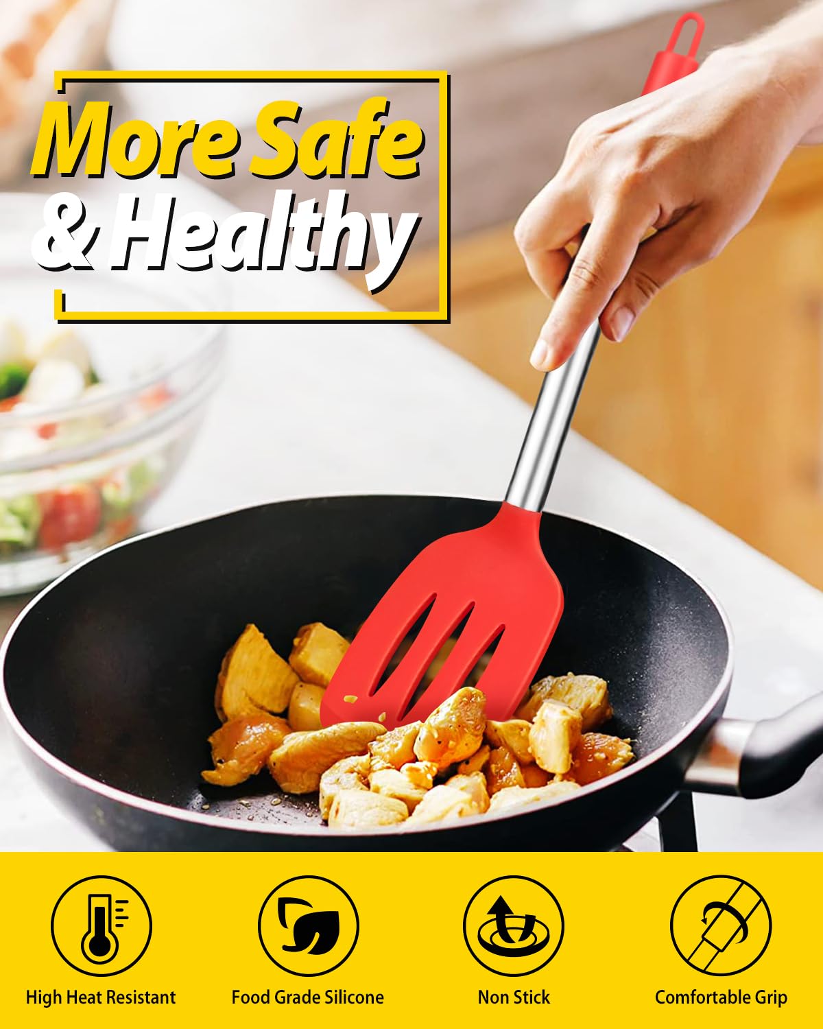 Pack of 4 Silicone Cooking Utensils Set, Non Stick Large Solid Spatulas, Heat Resistant Black Slotted Spoons, Ideal BPA Free Kitchen Turners for Frying, Mixing,Serving,Draining,Turning,Stirring