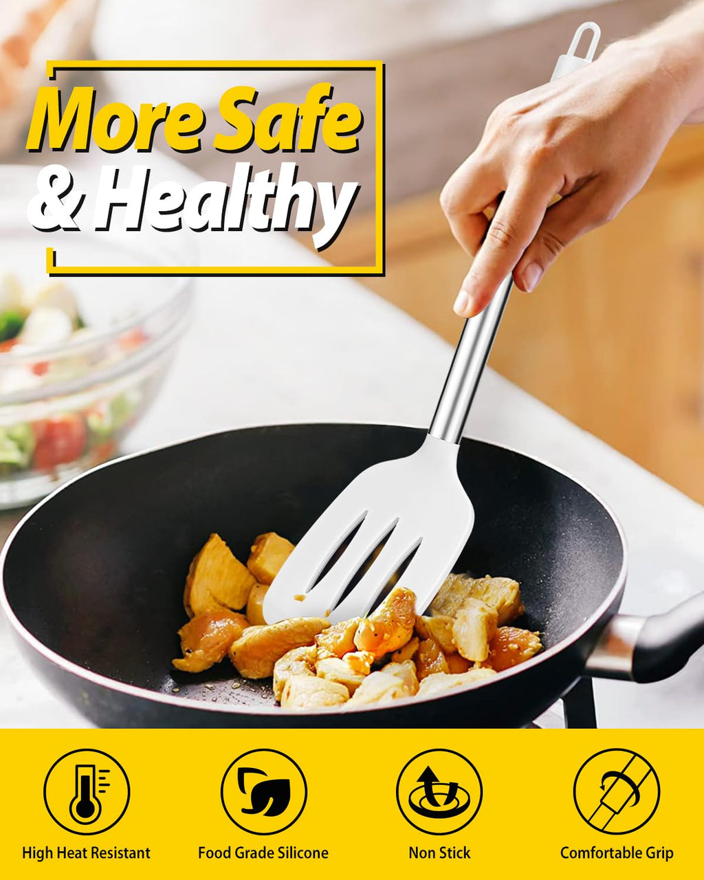 Pack of 4 Silicone Cooking Utensils Set, Non Stick Large Solid Spatulas, Heat Resistant Black Slotted Spoons, Ideal BPA Free Kitchen Turners for Frying, Mixing,Serving,Draining,Turning,Stirring