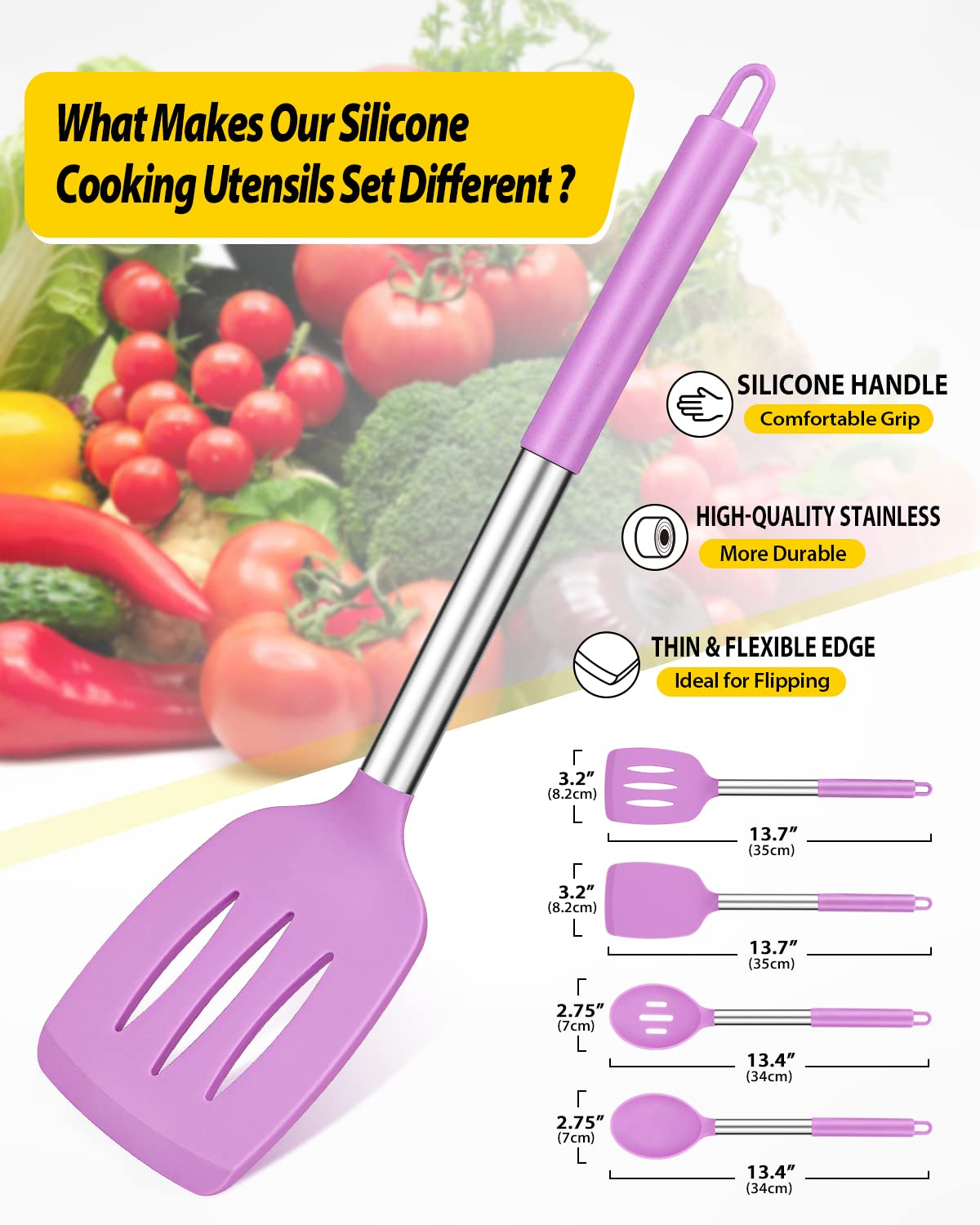 Pack of 4 Silicone Cooking Utensils Set, Non Stick Large Solid Spatulas, Heat Resistant Black Slotted Spoons, Ideal BPA Free Kitchen Turners for Frying, Mixing,Serving,Draining,Turning,Stirring