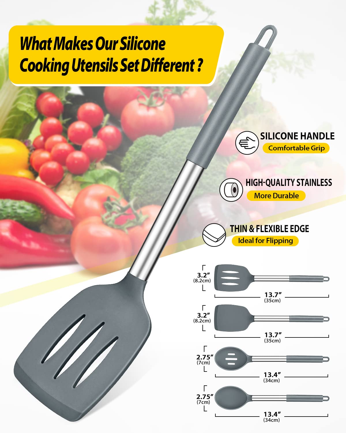 Pack of 4 Silicone Cooking Utensils Set, Non Stick Large Solid Spatulas, Heat Resistant Black Slotted Spoons, Ideal BPA Free Kitchen Turners for Frying, Mixing,Serving,Draining,Turning,Stirring