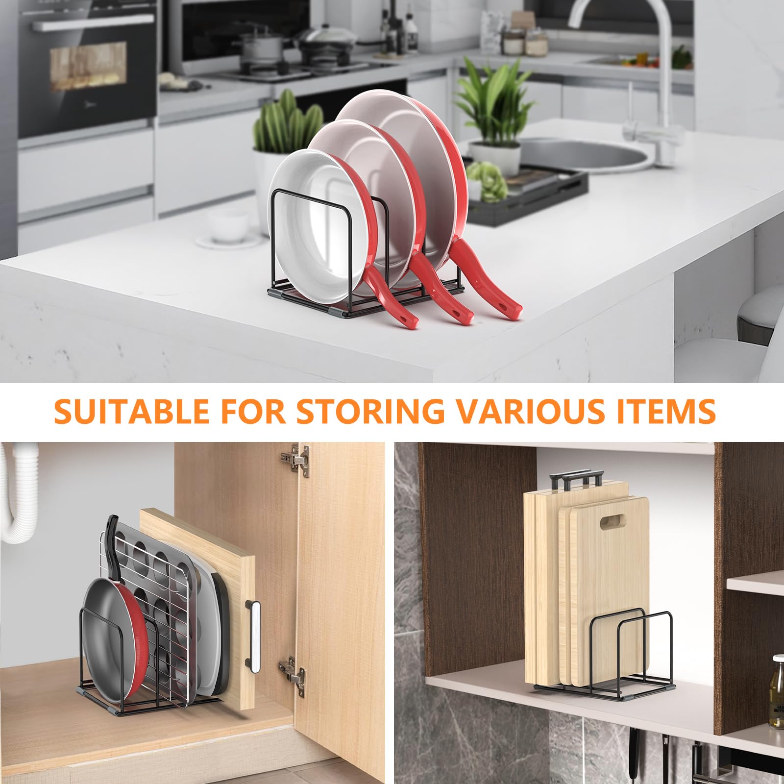 Kitchen Cabinet Organizer, Steel Cookware Holder, Divided Holder with 5 Slots for Skillets Baking Tray and Chopping Board Rack - Baking Pan Holder Storage (1 PC)