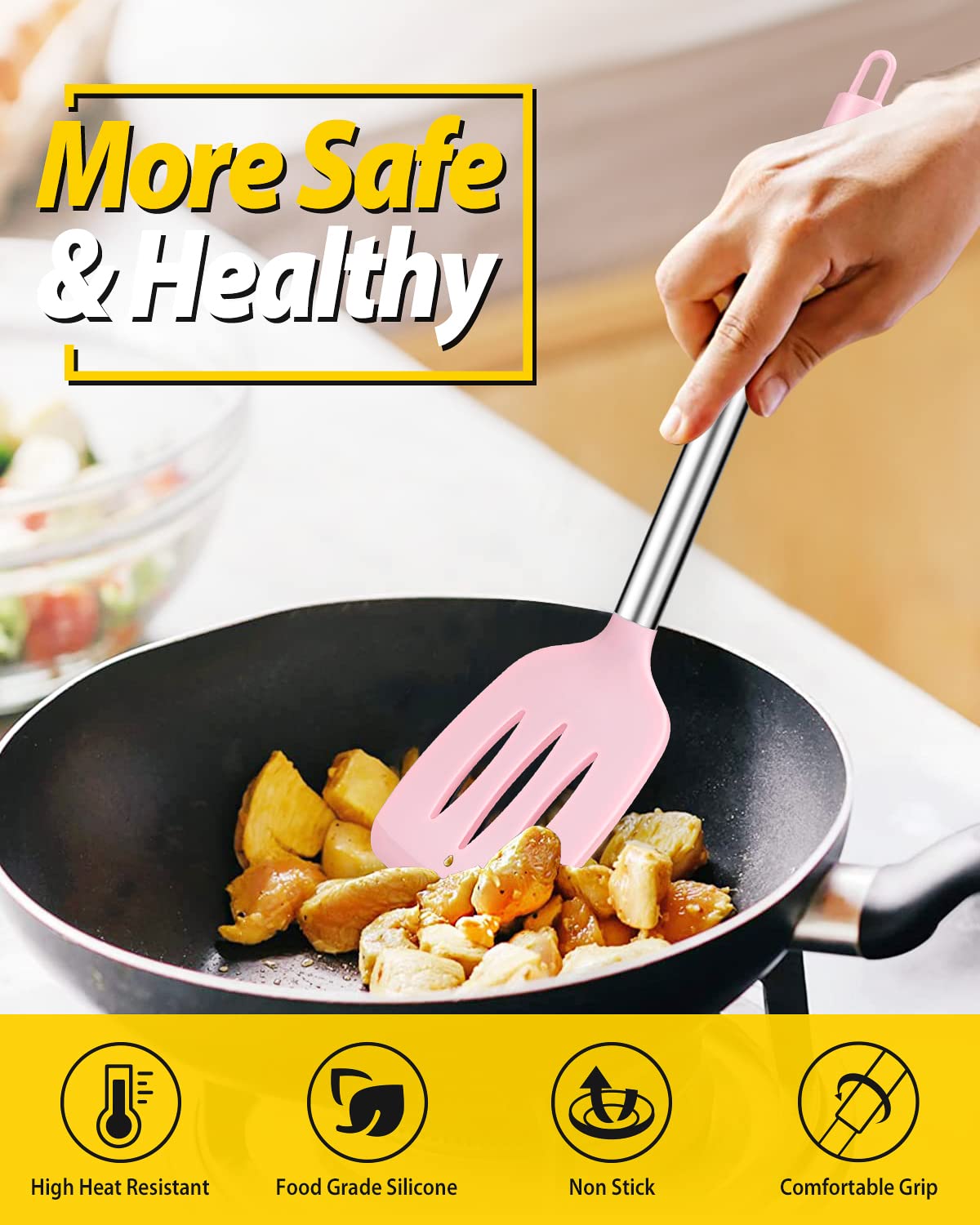 Pack of 4 Silicone Cooking Utensils Set, Non Stick Large Solid Spatulas, Heat Resistant Black Slotted Spoons, Ideal BPA Free Kitchen Turners for Frying, Mixing,Serving,Draining,Turning,Stirring