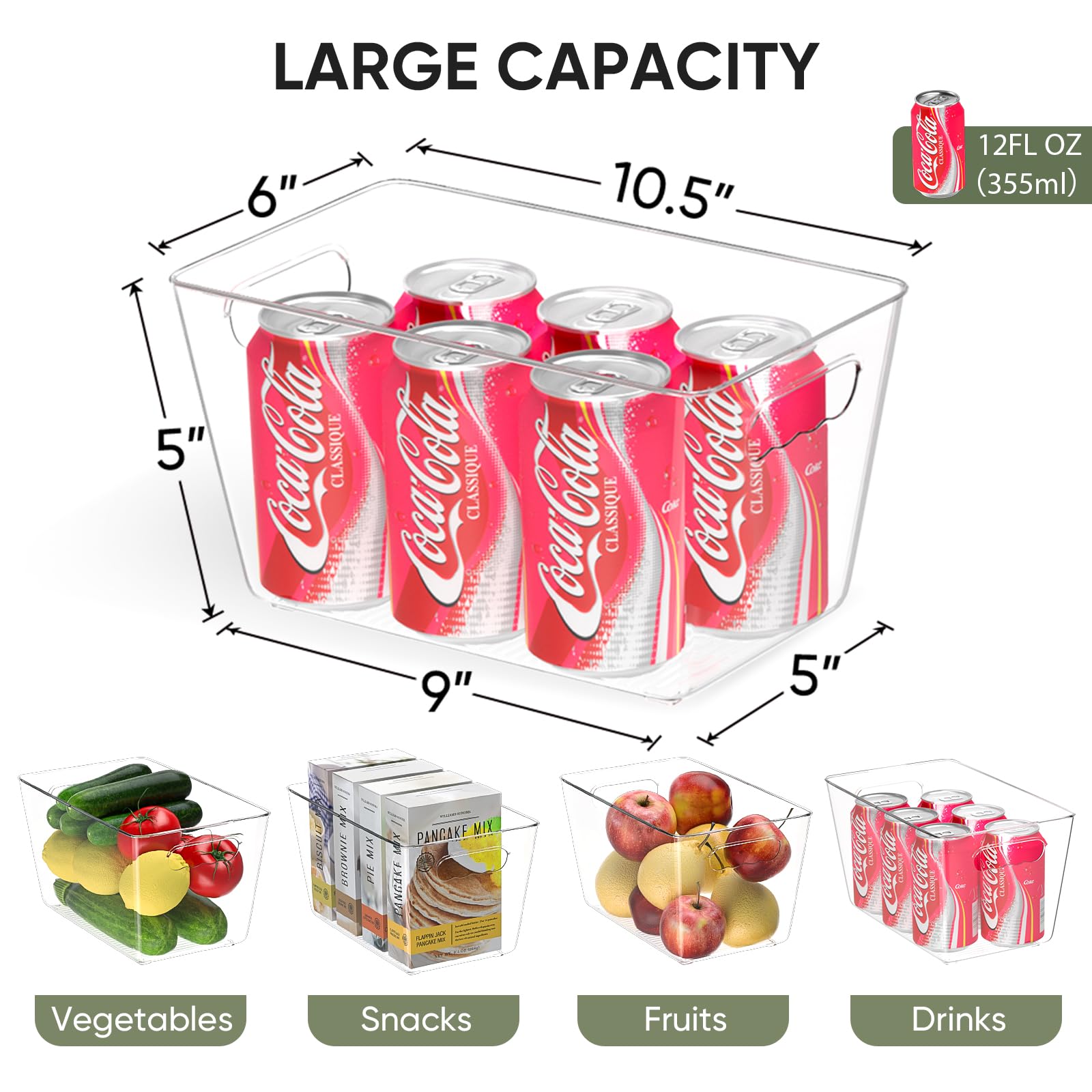 BALEINE Clear Plastic Storage Bins, Pantry Organization, BPA Free Stackable Refrigerator Organizers and Storage with Handles for Kitchen Fridge Cabinet Bathroom (6PK, 9.5x5.5x4.5)