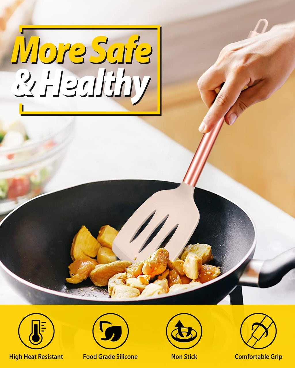 Pack of 4 Silicone Cooking Utensils Set, Non Stick Large Solid Spatulas, Heat Resistant Black Slotted Spoons, Ideal BPA Free Kitchen Turners for Frying, Mixing,Serving,Draining,Turning,Stirring
