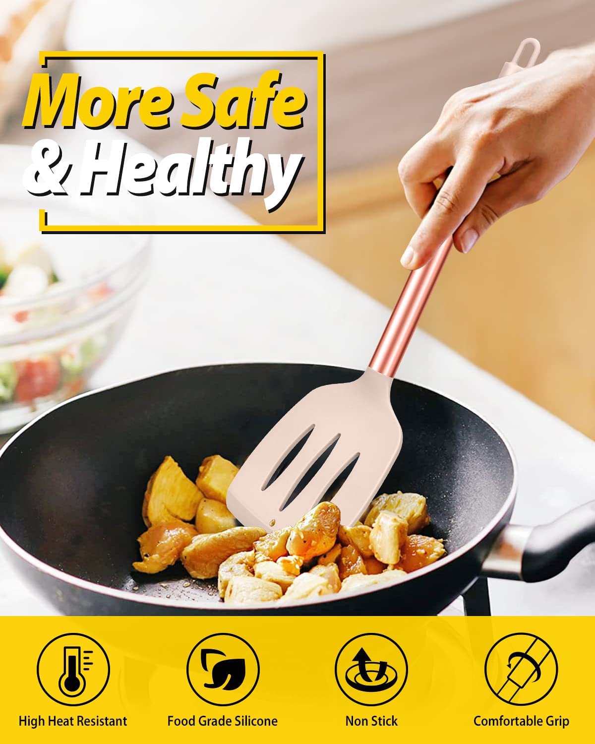 Pack of 4 Silicone Cooking Utensils Set, Non Stick Large Solid Spatulas, Heat Resistant Black Slotted Spoons, Ideal BPA Free Kitchen Turners for Frying, Mixing,Serving,Draining,Turning,Stirring