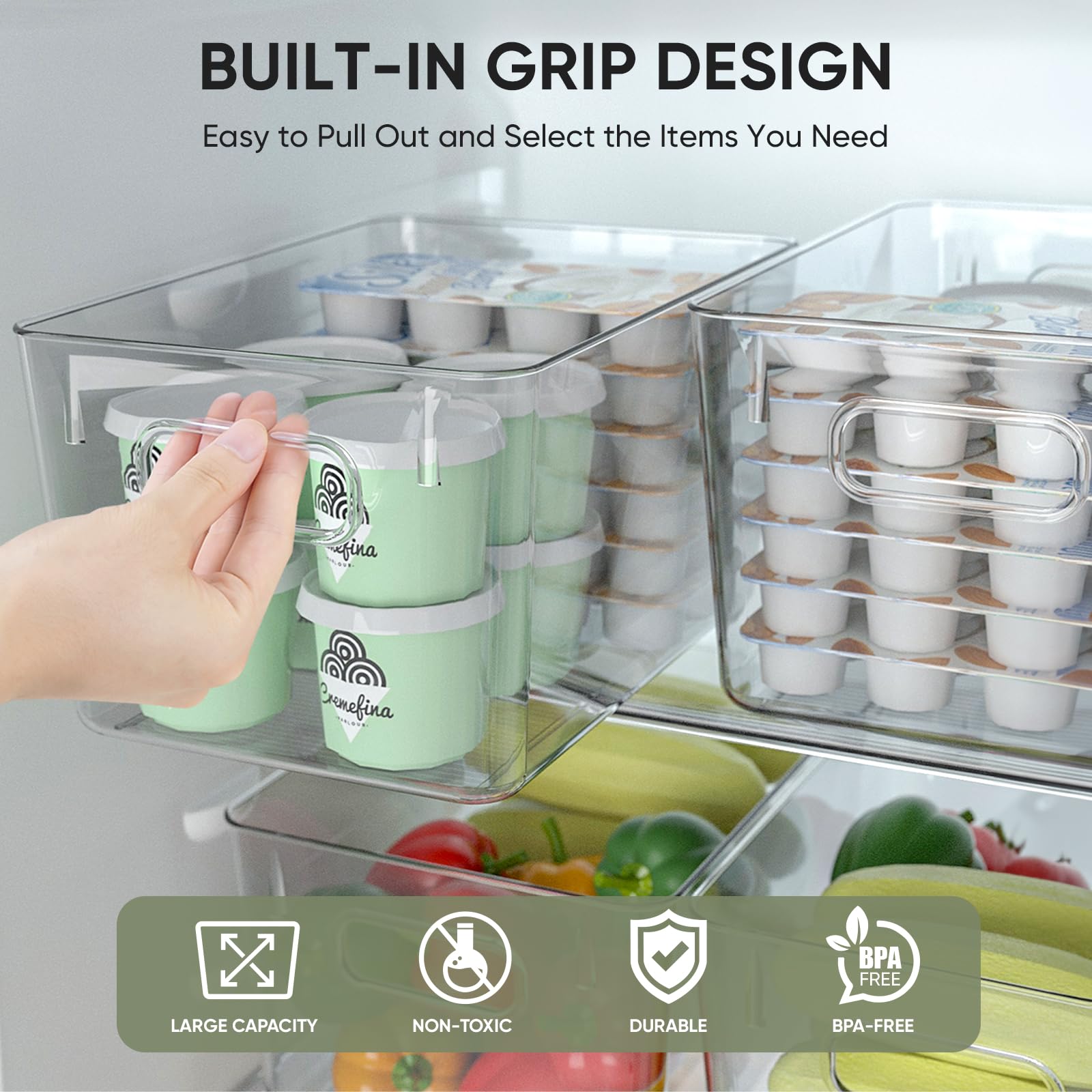 BALEINE Clear Plastic Storage Bins, Pantry Organization, BPA Free Stackable Refrigerator Organizers and Storage with Handles for Kitchen Fridge Cabinet Bathroom (6PK, 9.5x5.5x4.5)