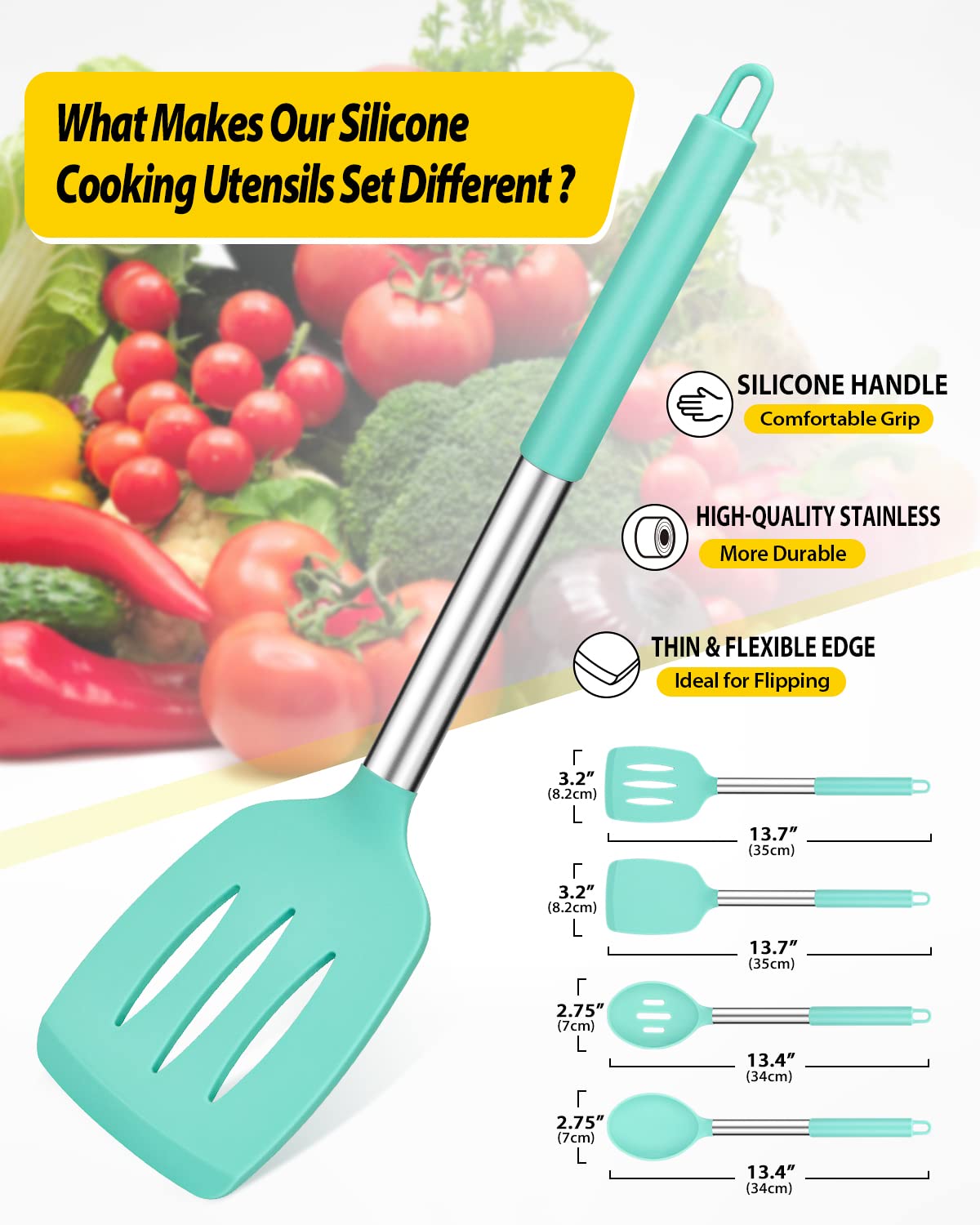 Pack of 4 Silicone Cooking Utensils Set, Non Stick Large Solid Spatulas, Heat Resistant Black Slotted Spoons, Ideal BPA Free Kitchen Turners for Frying, Mixing,Serving,Draining,Turning,Stirring