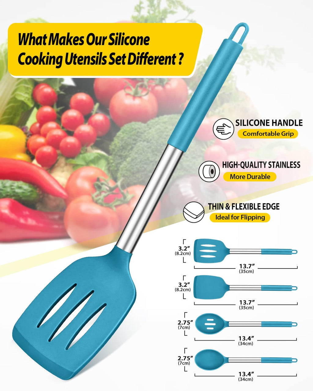 Pack of 4 Silicone Cooking Utensils Set, Non Stick Large Solid Spatulas, Heat Resistant Black Slotted Spoons, Ideal BPA Free Kitchen Turners for Frying, Mixing,Serving,Draining,Turning,Stirring