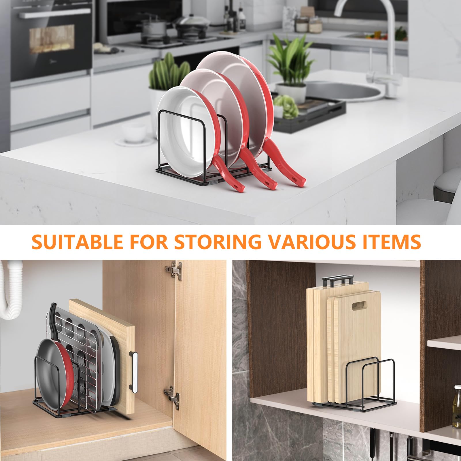 Kitchen Cabinet Organizer, Steel Cookware Holder, Divided Holder with 5 Slots for Skillets Baking Tray and Chopping Board Rack - Baking Pan Holder Storage (1 PC)