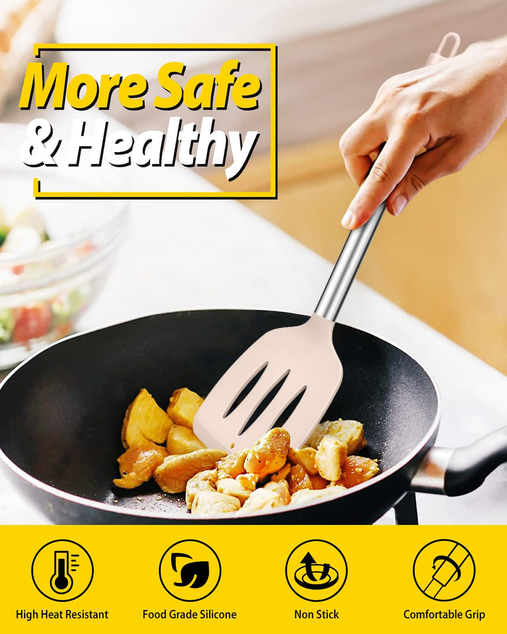 Pack of 4 Silicone Cooking Utensils Set, Non Stick Large Solid Spatulas, Heat Resistant Black Slotted Spoons, Ideal BPA Free Kitchen Turners for Frying, Mixing,Serving,Draining,Turning,Stirring