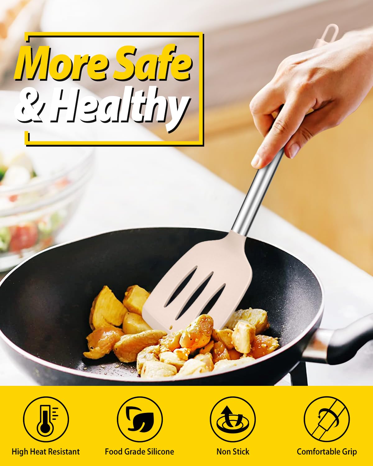 Pack of 4 Silicone Cooking Utensils Set, Non Stick Large Solid Spatulas, Heat Resistant Black Slotted Spoons, Ideal BPA Free Kitchen Turners for Frying, Mixing,Serving,Draining,Turning,Stirring