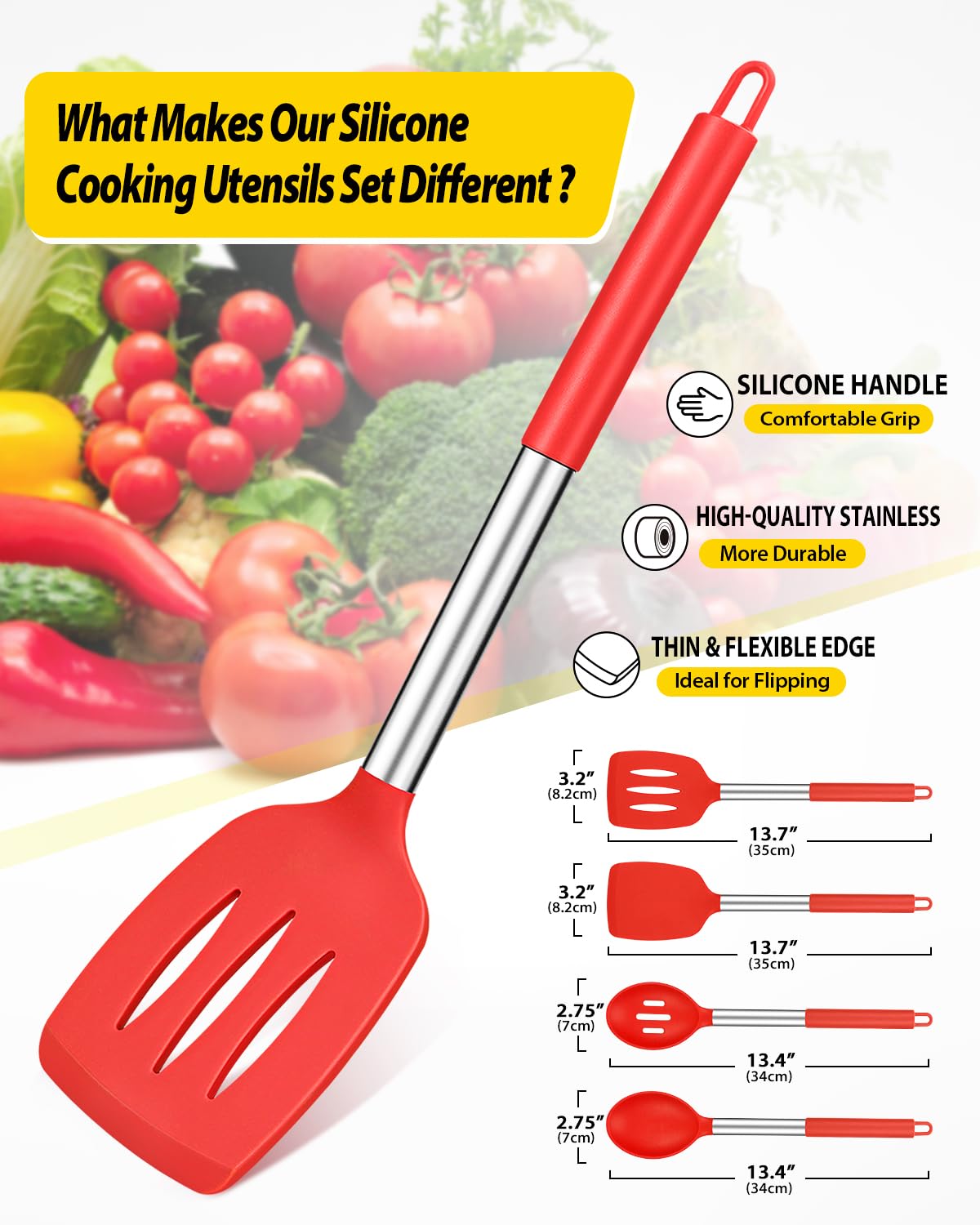 Pack of 4 Silicone Cooking Utensils Set, Non Stick Large Solid Spatulas, Heat Resistant Black Slotted Spoons, Ideal BPA Free Kitchen Turners for Frying, Mixing,Serving,Draining,Turning,Stirring