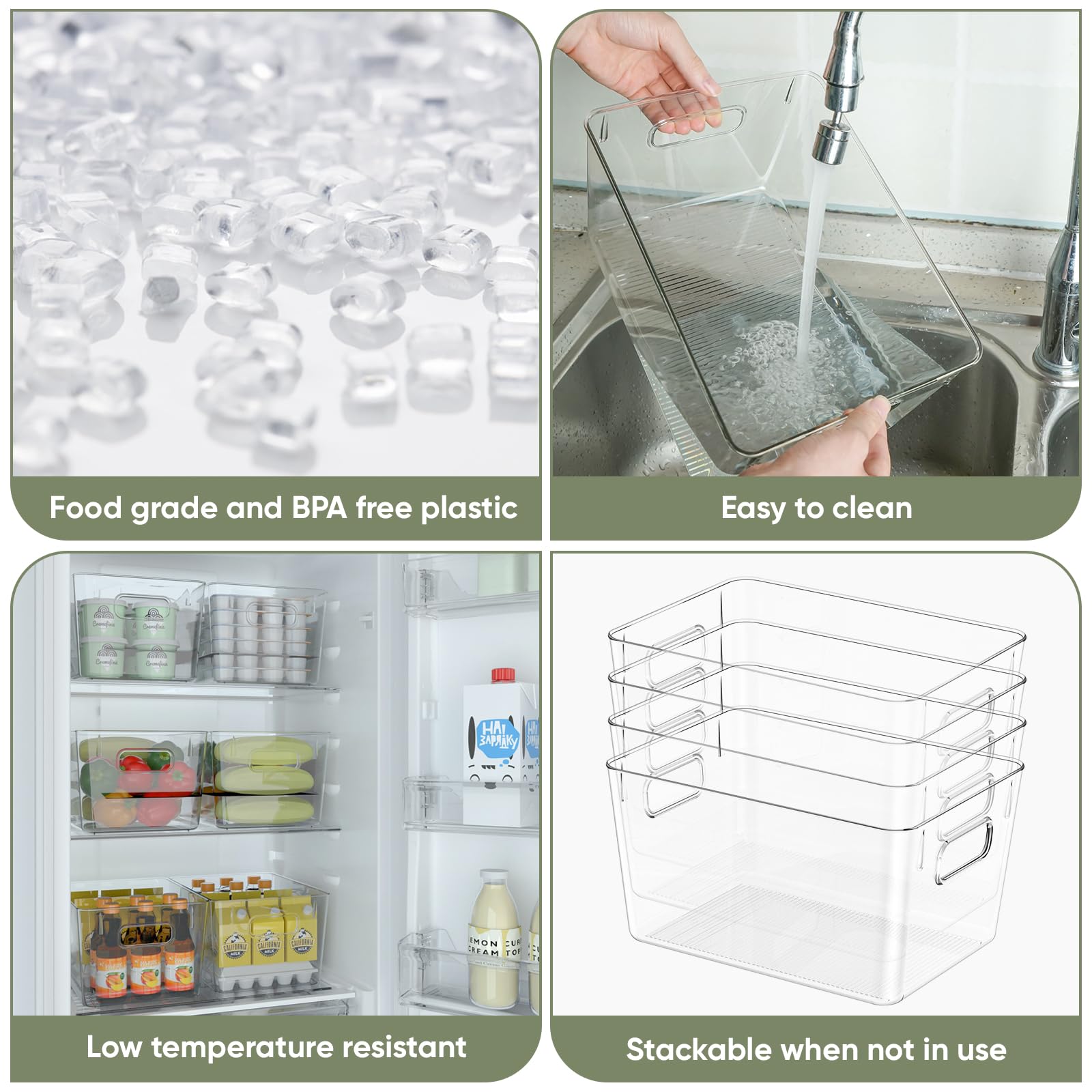 BALEINE Clear Plastic Storage Bins, Pantry Organization, BPA Free Stackable Refrigerator Organizers and Storage with Handles for Kitchen Fridge Cabinet Bathroom (6PK, 9.5x5.5x4.5)