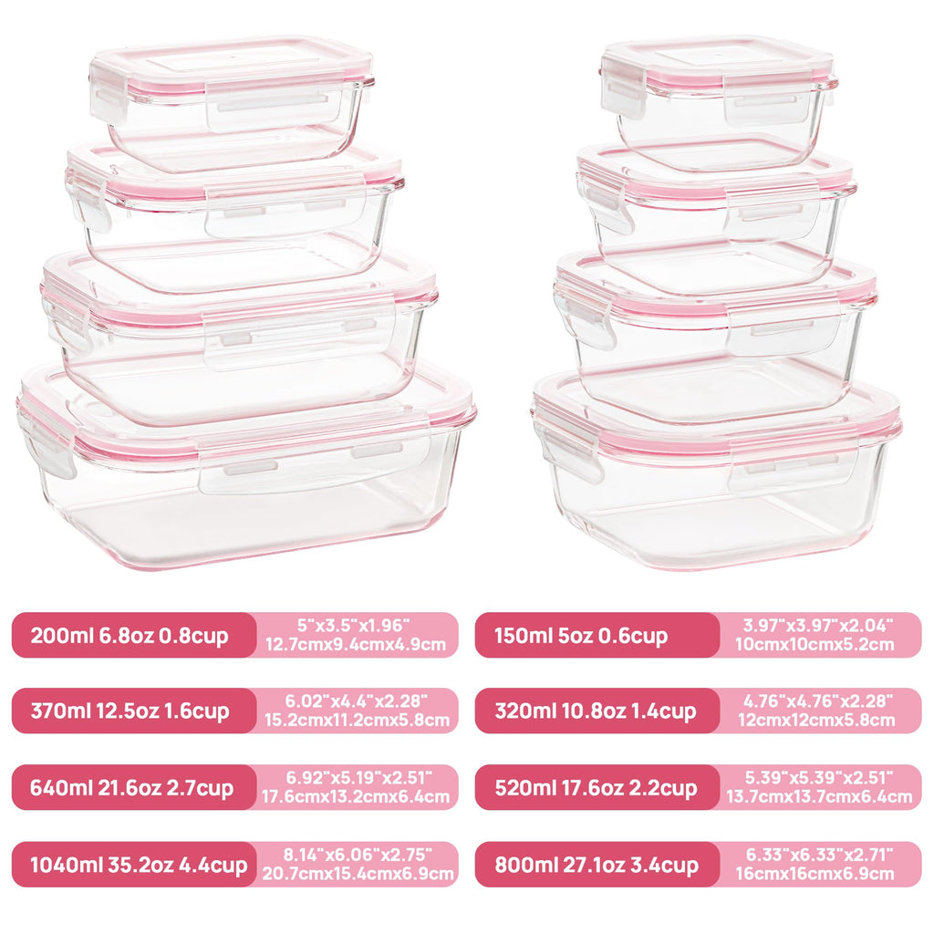 Vtopmart 8 Pack Glass Food Storage Containers with Airtight Lids, Glass Meal Prep Containers, Lunch Office Meal for Microwave, Oven, Freezer and Dishwasher, BPA Free