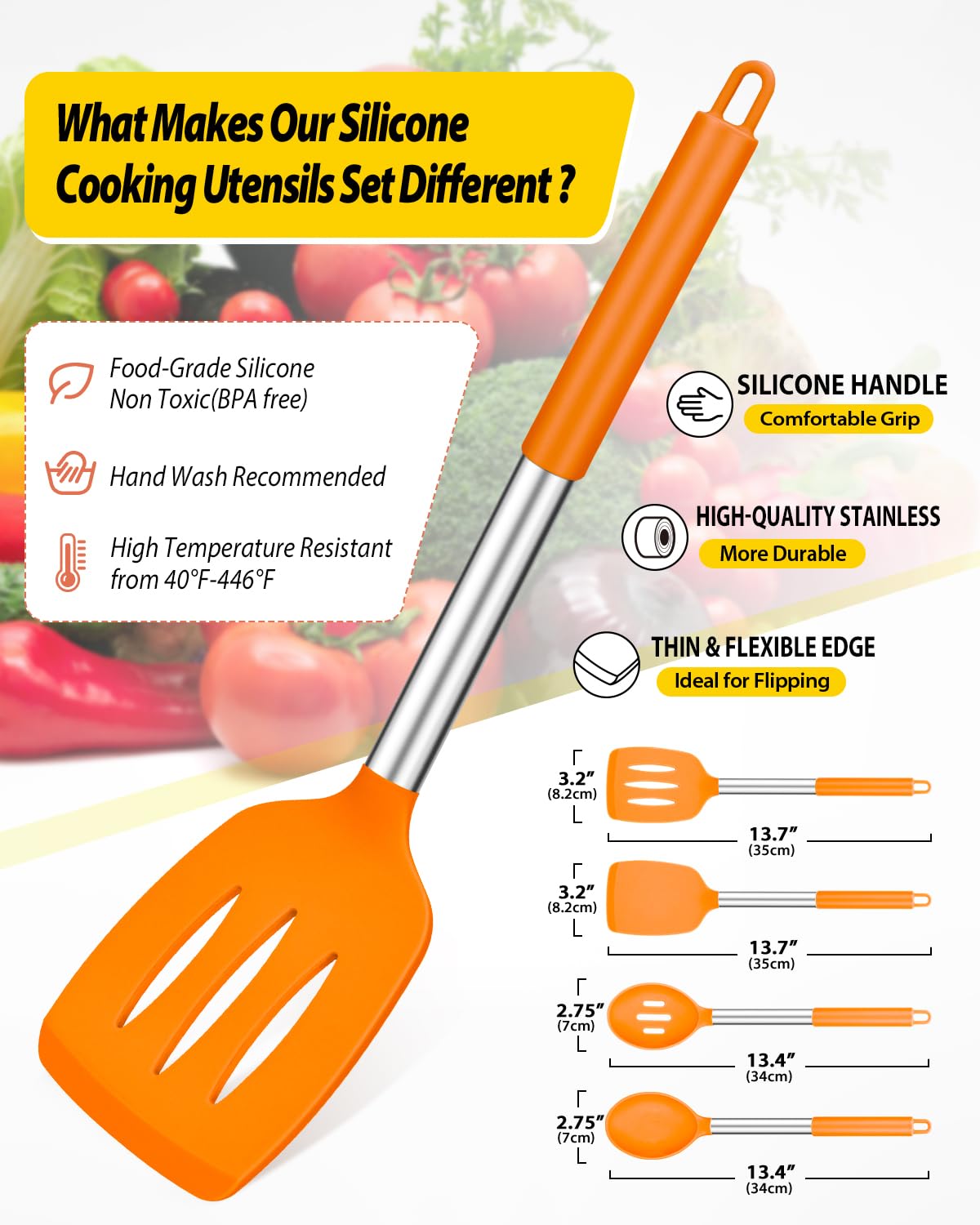 Pack of 4 Silicone Cooking Utensils Set, Non Stick Large Solid Spatulas, Heat Resistant Black Slotted Spoons, Ideal BPA Free Kitchen Turners for Frying, Mixing,Serving,Draining,Turning,Stirring