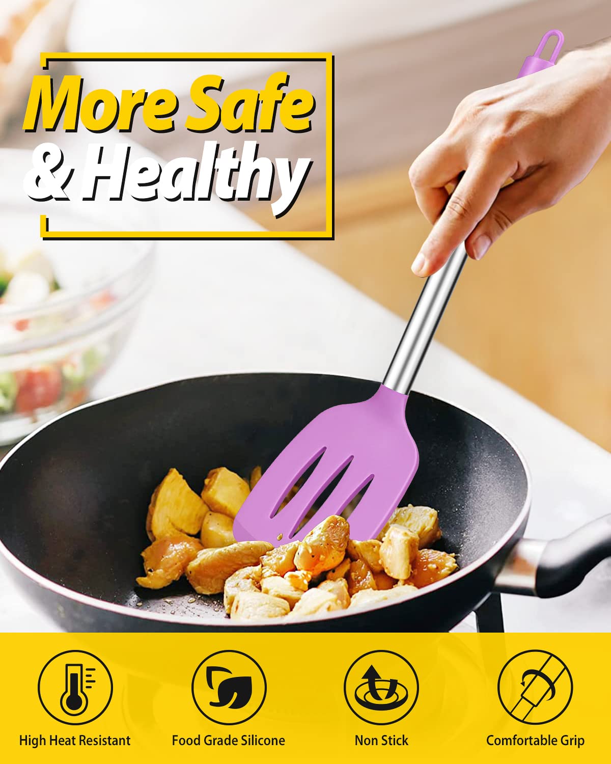 Pack of 4 Silicone Cooking Utensils Set, Non Stick Large Solid Spatulas, Heat Resistant Black Slotted Spoons, Ideal BPA Free Kitchen Turners for Frying, Mixing,Serving,Draining,Turning,Stirring