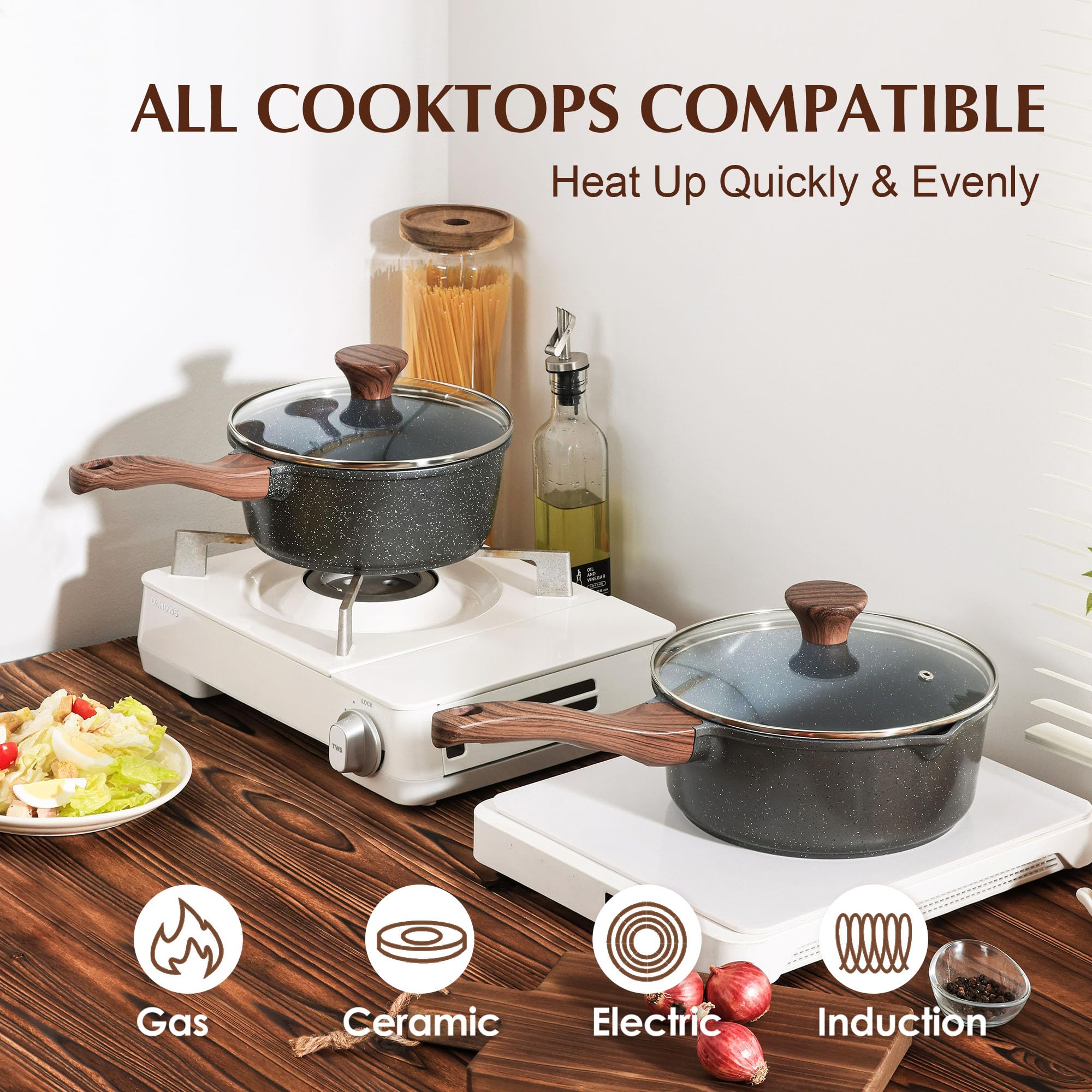 SENSARTE Nonstick Saucepan with Lid, 1.5 Quarts Small Pot with Swiss Granite Coating, Stay-cool Handle, Multipurpose Handy Sauce Pot Small Kitchen Cooking Pot, Induction Comptable, PFOA Free