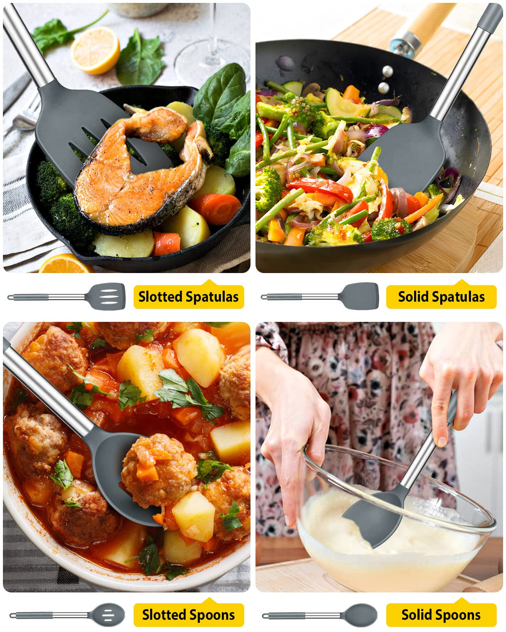 Pack of 4 Silicone Cooking Utensils Set, Non Stick Large Solid Spatulas, Heat Resistant Black Slotted Spoons, Ideal BPA Free Kitchen Turners for Frying, Mixing,Serving,Draining,Turning,Stirring