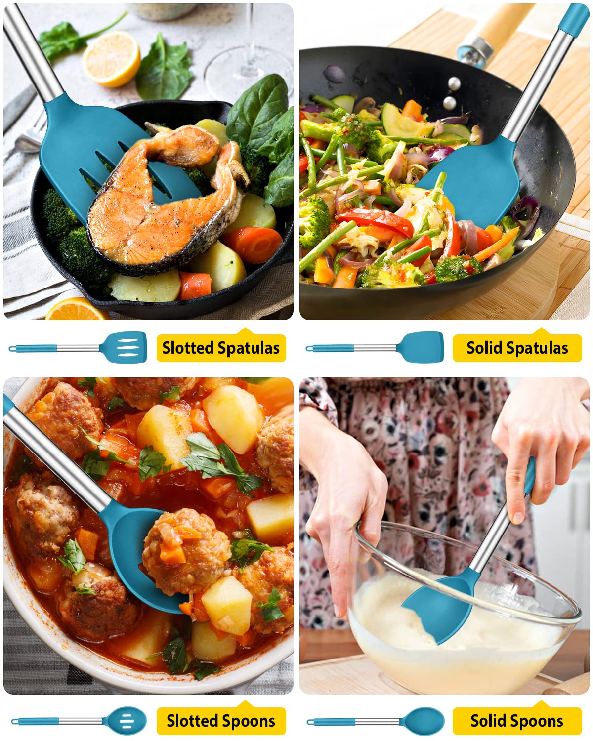 Pack of 4 Silicone Cooking Utensils Set, Non Stick Large Solid Spatulas, Heat Resistant Black Slotted Spoons, Ideal BPA Free Kitchen Turners for Frying, Mixing,Serving,Draining,Turning,Stirring